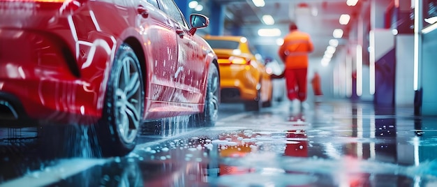 People washing car sponge at car wash station Concept Car washing Water conservation Automotive care Cleaning techniques Environmentfriendly practices