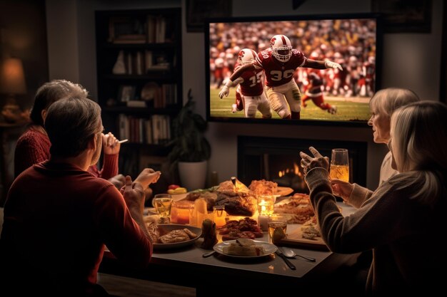 사람들은 추수감사절의 전통의 일환으로 TV에서 축구 경기를 보고 있습니다.
