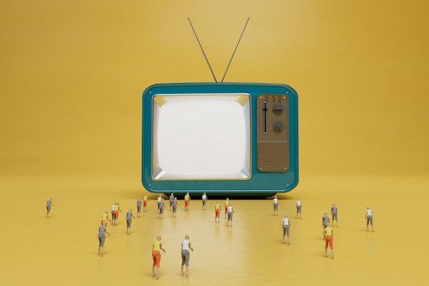 People watch tv old tv with an antenna around which people 3d\
render