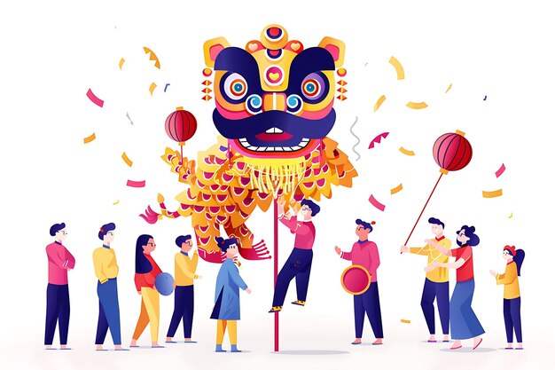 Photo people watching chinese lion dance on stilts design is impre lunar asian 2d flat art collage tshirt