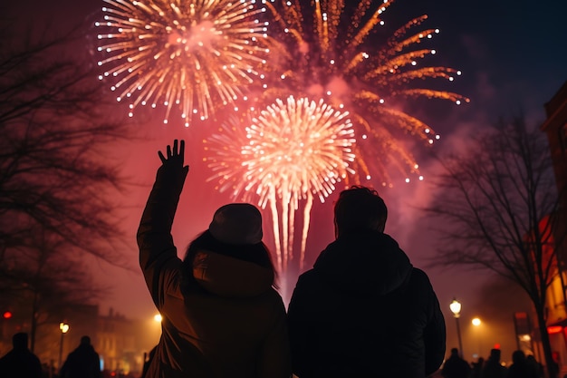 新年のお祝いで花火を見守る人々