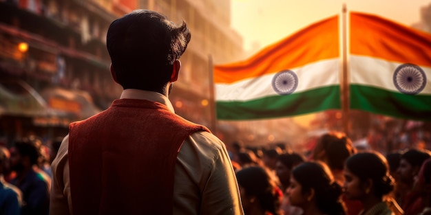 люди смотрят на флаг и участвуют в мероприятиях Дня Республики Индии