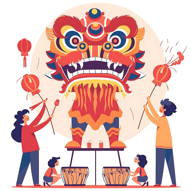 Photo people watching lion dance design is dynamic and lively with lunar asian 2d flat art collage tshirt