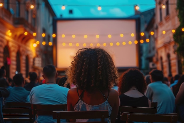 people watching outdoor cinema big screen show view from behind ai generated