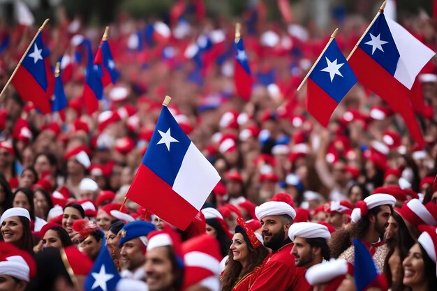 People wave flags in a crowd.