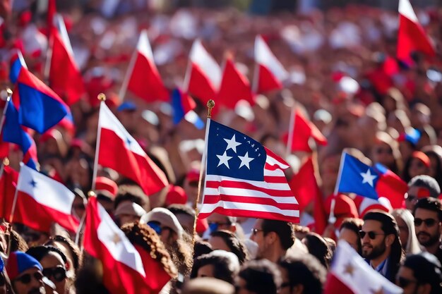 People wave flags and one of the many people is a large crowd of people.