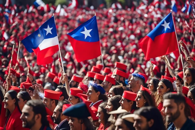 People wave flags and stand in a large crowd.