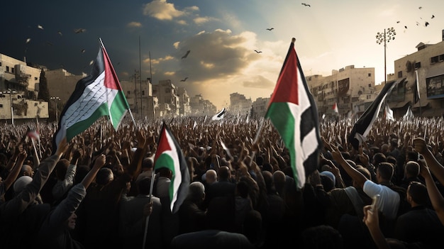 People Waving Flags In A Large Crowd In Front Of A Building