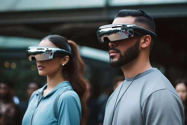 People wearing augmented reality glassesfuture vision city