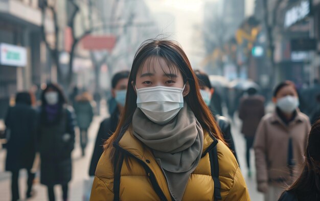 Photo people wearing mask in the city with air pollution