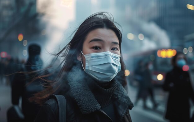 People wearing mask in the city with air pollution