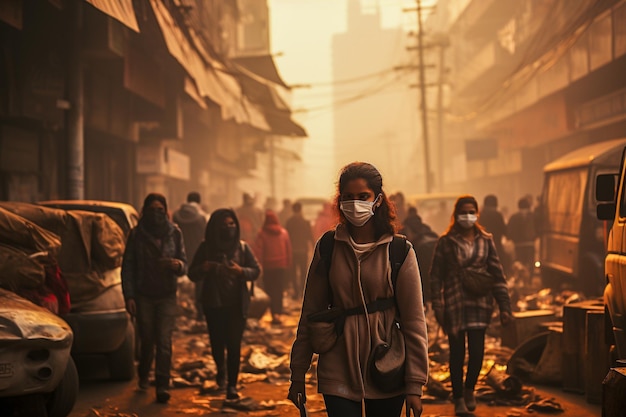 People wearing masks because the environment is being destroyed by fine dust