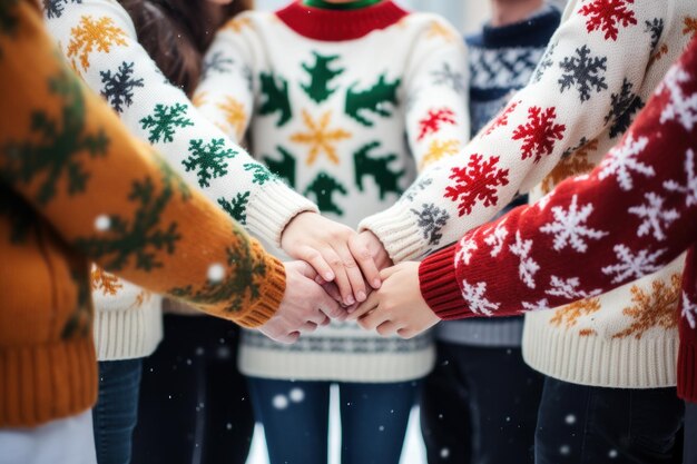 Photo people wearing ugly sweater in circle hand united generative ai