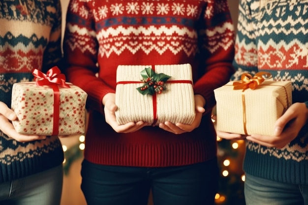 people wearing ugly sweater in circle hand united Generative AI