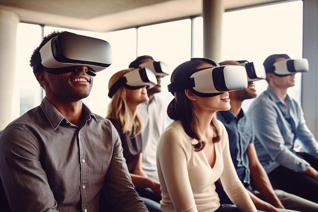 Люди, носящие наушники виртуальной реальности, сидят в ряду.