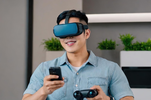 VR 헤드을 착용한 사람들이 빈 방에서 가구 제작에 이르기까지 손으로 디자인합니다.