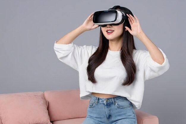 VR 헤드을 착용한 사람들이 빈 방에서 가구 제작에 이르기까지 손으로 디자인합니다.