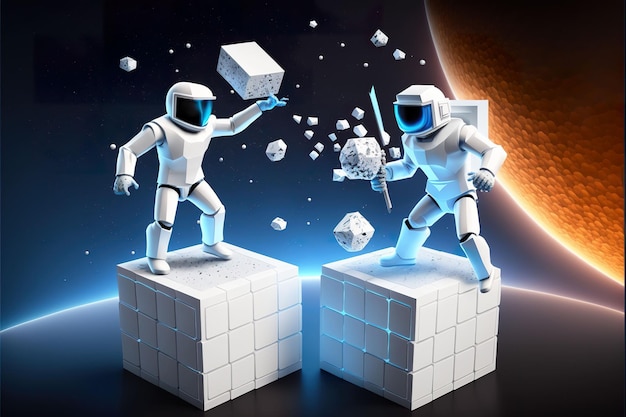 People and white cubes in space modern technologies and metaverses