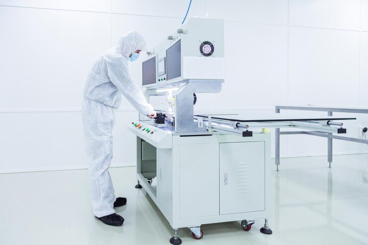 People in white isolating costumes working in laboratory