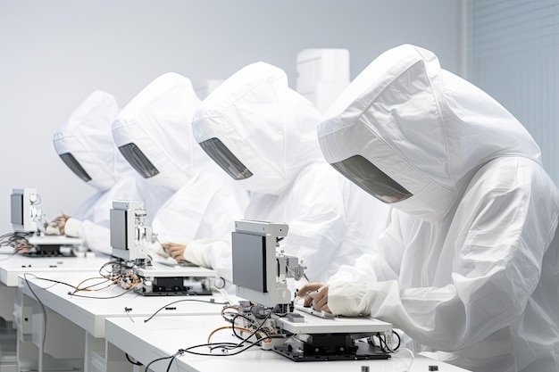 People in white isolating costumes working in laboratory