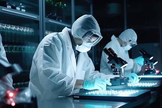 People in white isolating costumes working in laboratory