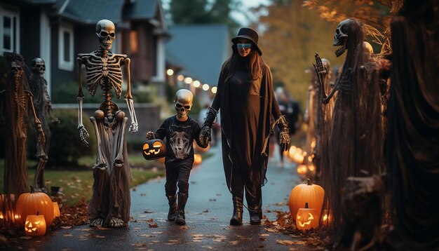 People who celebarate halloween neighborhood family