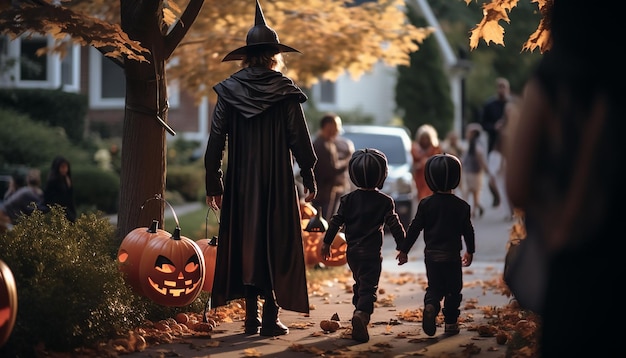 People who celebarate halloween neighborhood family