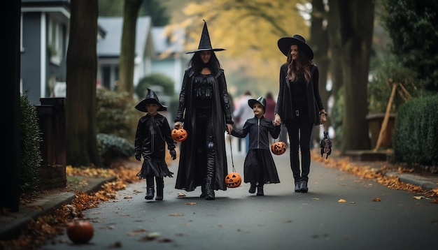 Foto persone che festeggiano l'halloween nella famiglia del quartiere