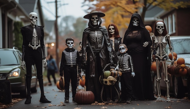 People who celebarate halloween neighborhood family