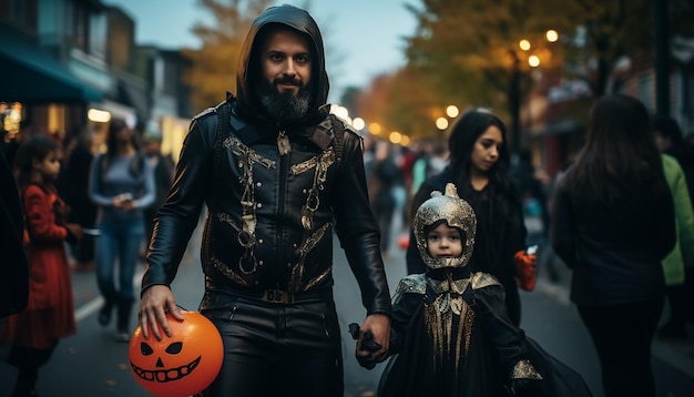 Photo people who celebarate halloween neighborhood family