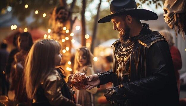 People who celebarate halloween neighborhood family