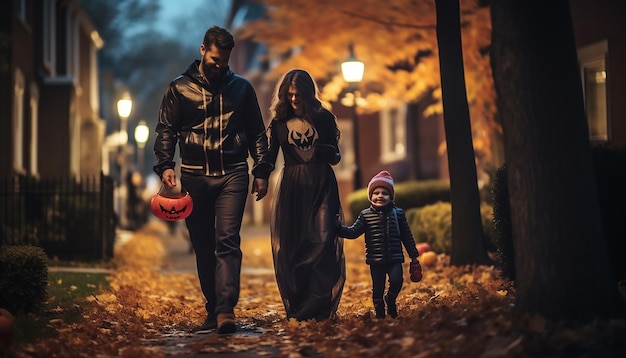 People who celebarate halloween neighborhood family