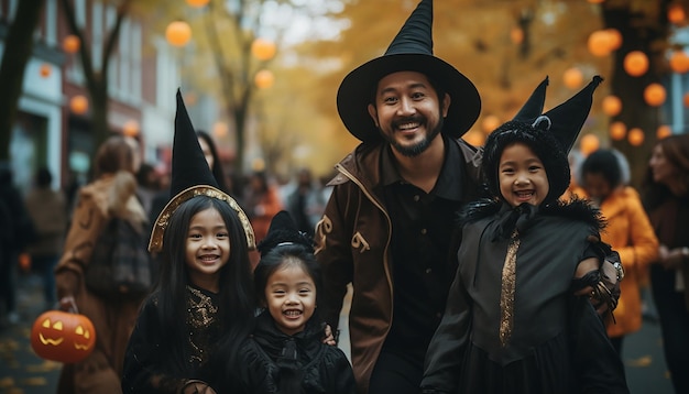 People who celebarate halloween neighborhood family