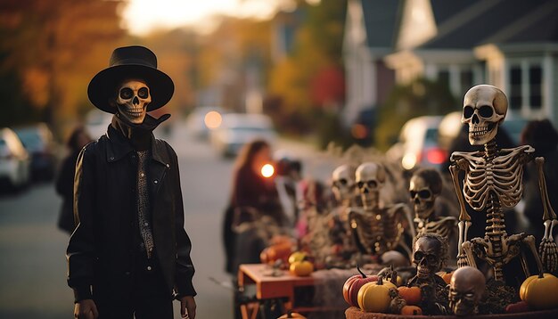 People who celebarate halloween neighborhood family