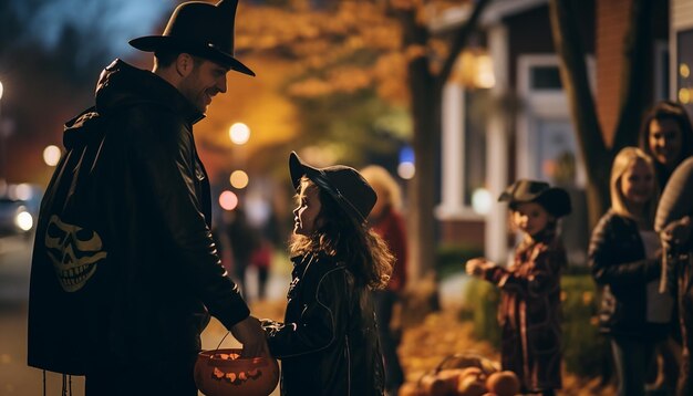 People who celebarate halloween neighborhood family