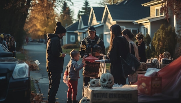 People who celebarate halloween neighborhood family