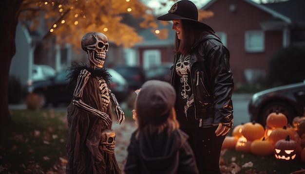 Foto persone che festeggiano l'halloween nella famiglia del quartiere