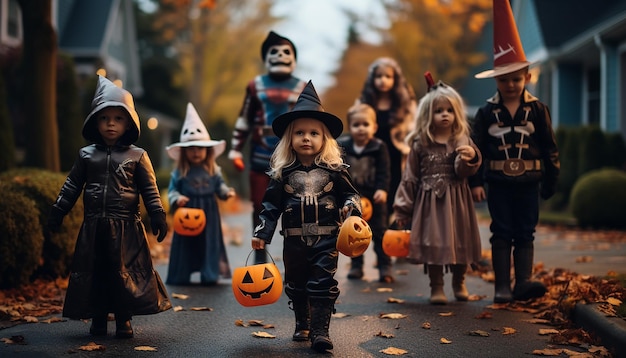 People who celebarate halloween neighborhood family