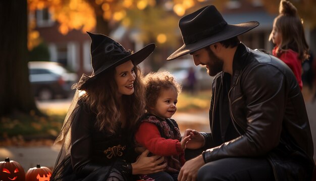 People who celebarate halloween neighborhood family