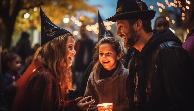 People who celebarate halloween neighborhood family