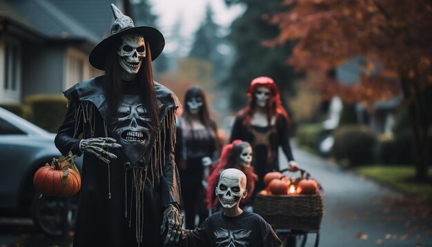 People who celebarate halloween neighborhood family