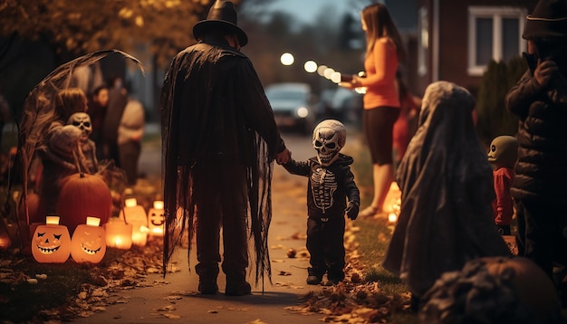 People who celebarate halloween neighborhood family