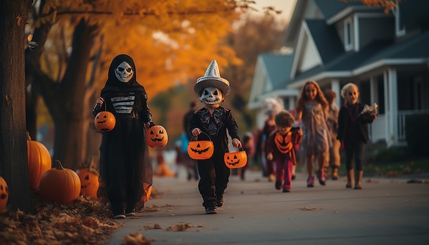 People who celebarate halloween neighborhood family