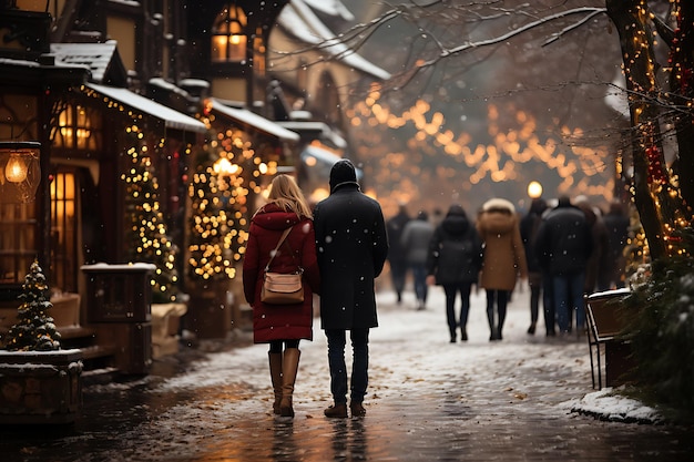 겨울 옷을 입은 사람들이 황금빛으로 크리스마스 시장을 걸어다니고 있습니다.