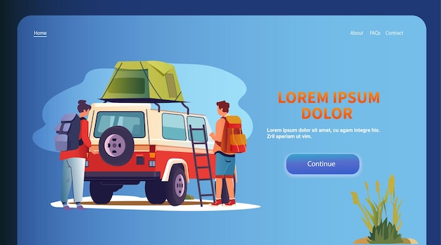 people with backpacks near travel car on camping adventure tour or holiday forest summer vacation picnic relaxation concept