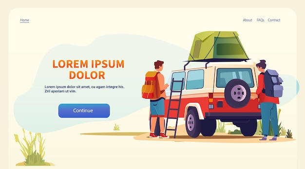 people with backpacks near travel car on camping adventure tour or holiday forest summer vacation picnic relaxation concept