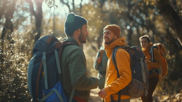 Photo people with backpacks stand on a path in the woods