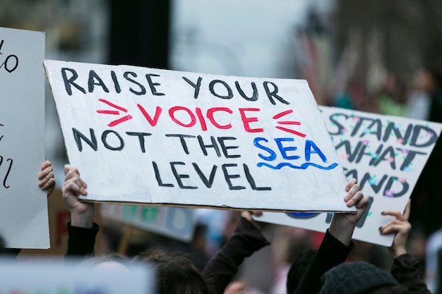 Photo people with banners protest as part of a climate change march