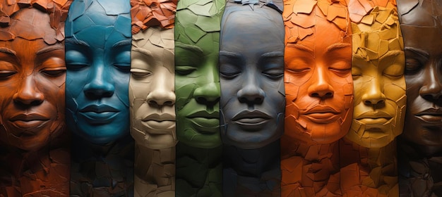 people with different colored heads are in various backgrounds in the style of earth tones