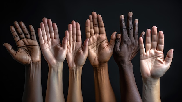 People with different skin colors against dark backgruound The concept of diversity and equality Created with Generative AI technology